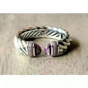 David Yurman 925 Sterling Silver Waverly 18mm Amethyst Hinged Cuff Bracelet